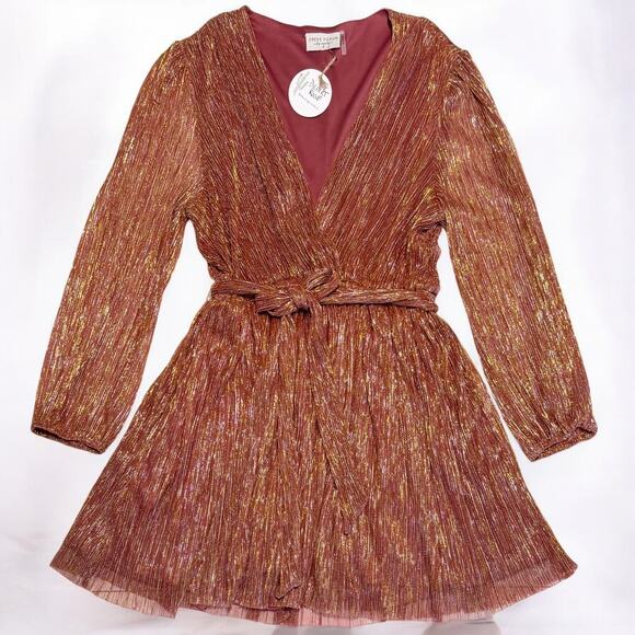 Dress Forum Gold Metallic Pleated Belted Mini Dress Size S Mauve NYE Holiday NWT - Picture 12 of 14